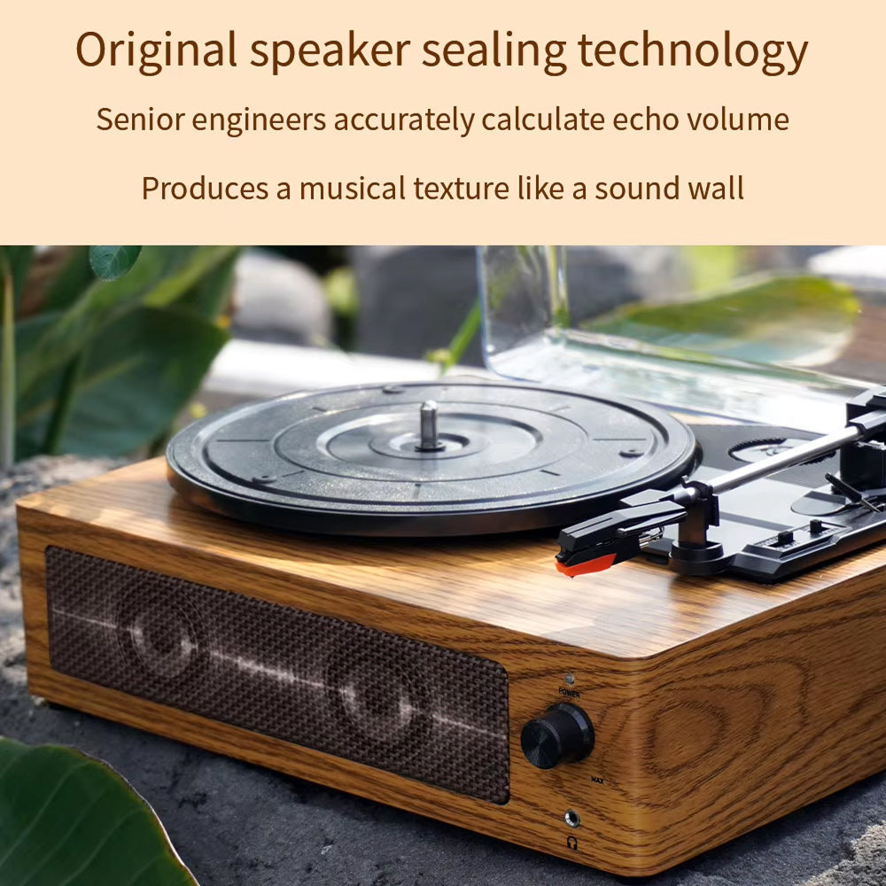Wooden record player with text about original speaker sealing technology