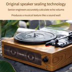 Wooden record player with text about original speaker sealing technology