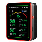 Digital air quality monitor with various measurements on a white background