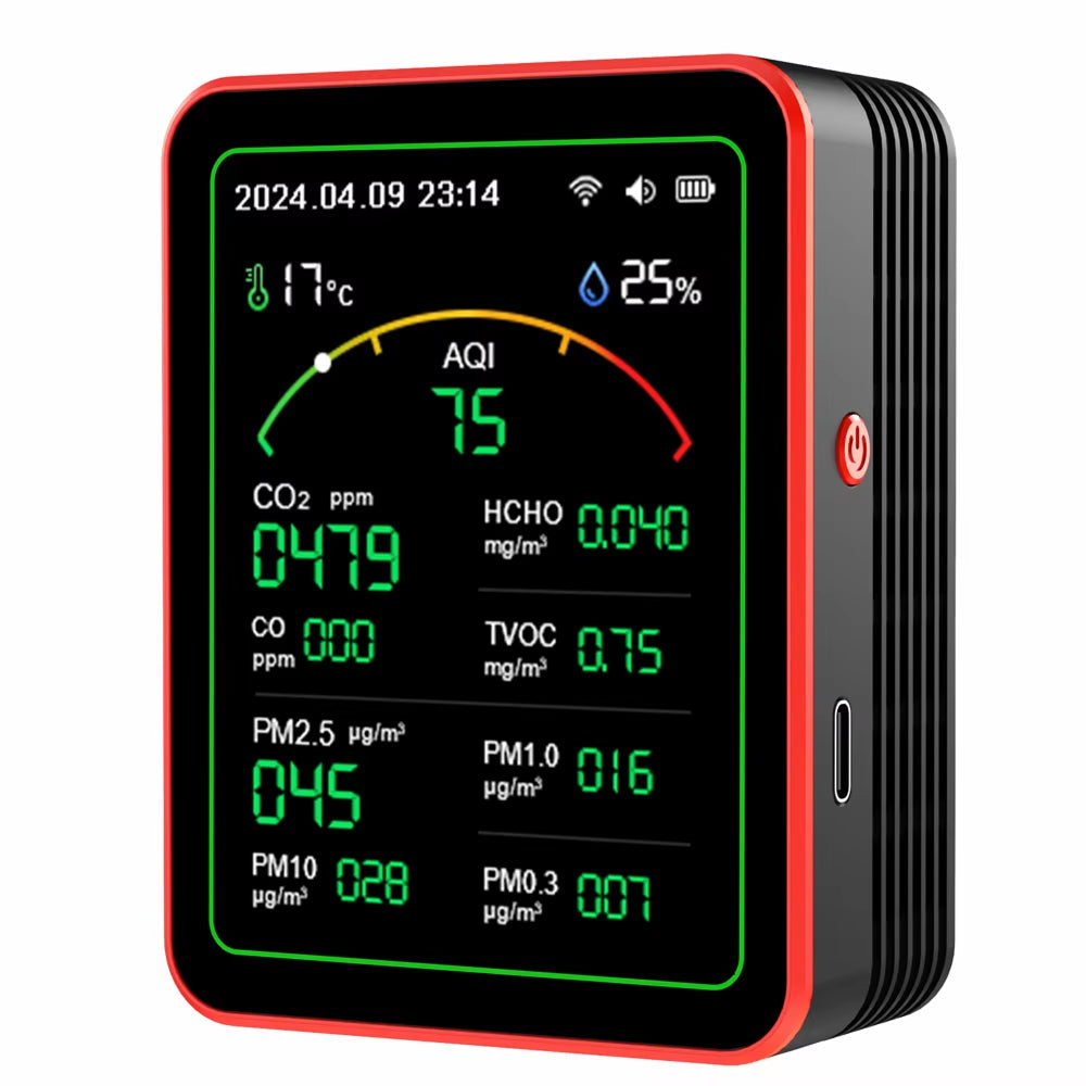 Digital air quality monitor with various measurements on a white background