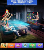 Living room with people playing video games on a large screen, featuring unique technology camera and somatosensory games.