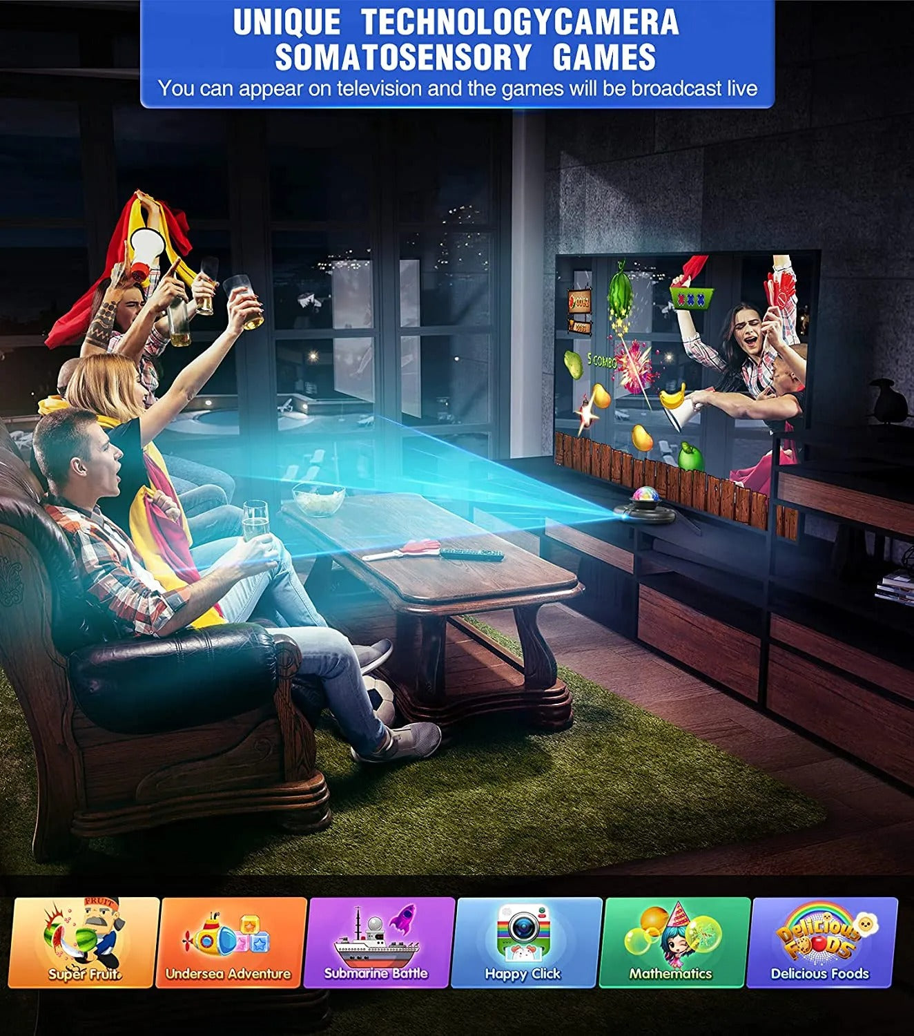 Living room with people playing video games on a large screen, featuring unique technology camera and somatosensory games.