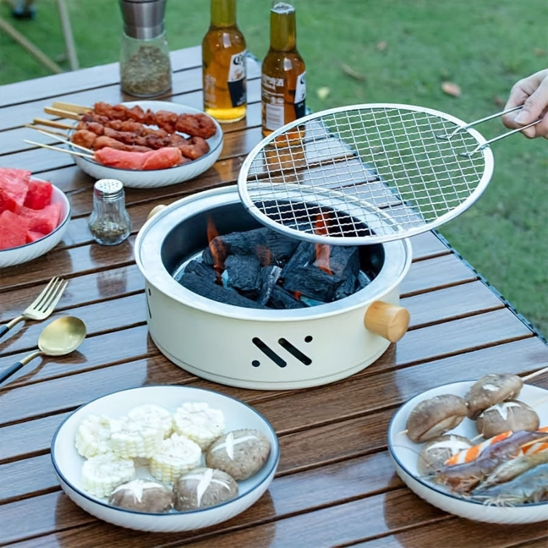 Compact Round Charcoal Grill | 28cm, Stainless Steel Grate, Wood Handles