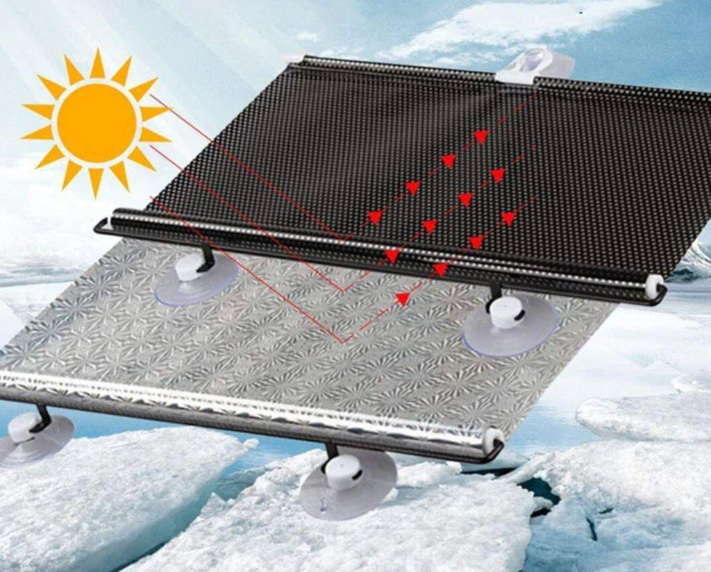 Solar panel on ice with a sun icon and red arrows indicating energy flow.