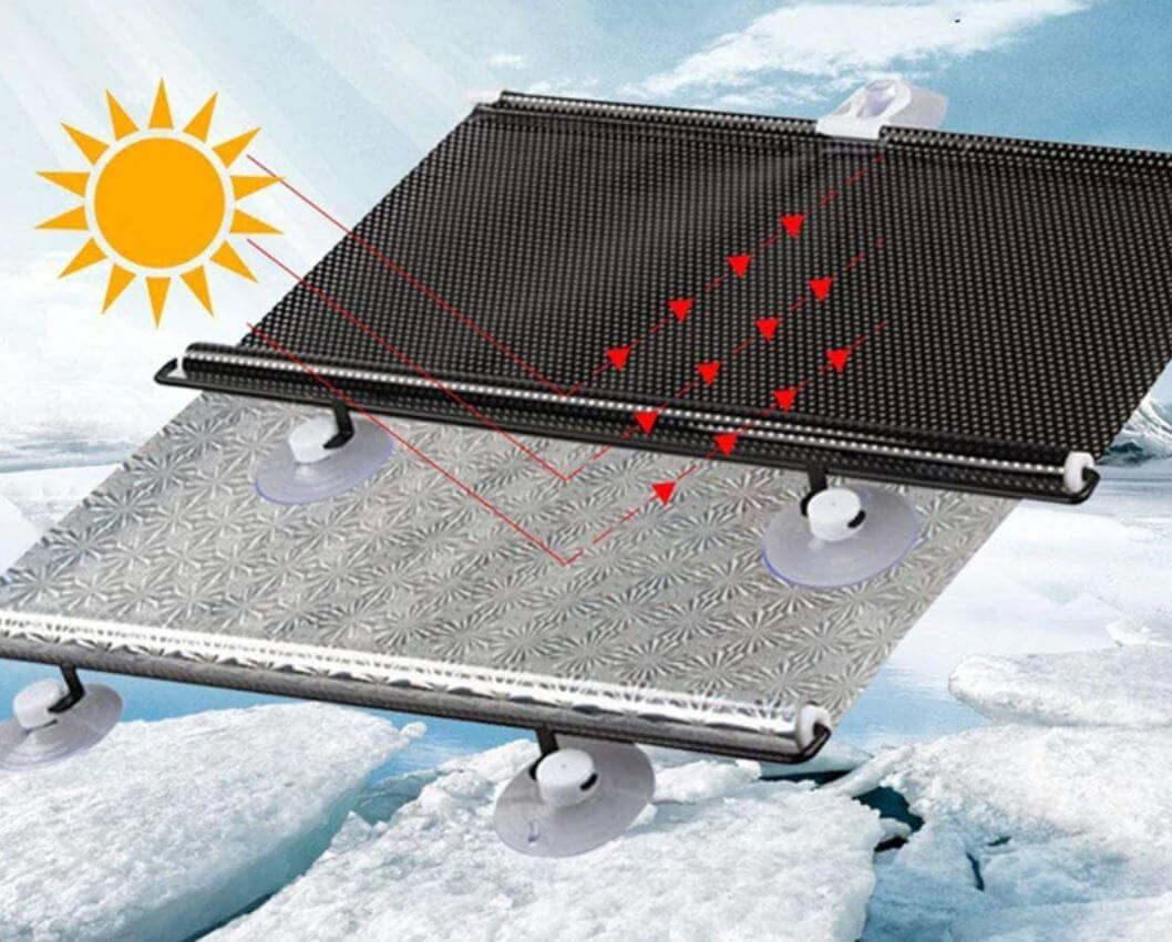 Solar panel on ice with a sun icon and red arrows indicating energy flow.