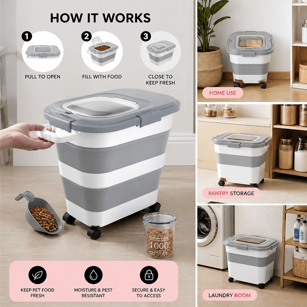 Collapsible Pet Food Container | Wheels, Lid & Scoop Included