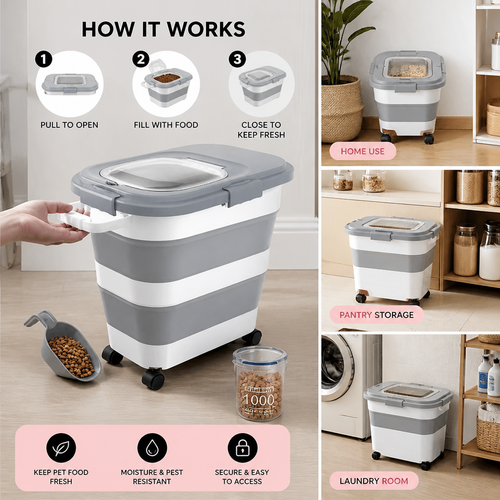 Collapsible Pet Food Container | Wheels, Lid & Scoop Included