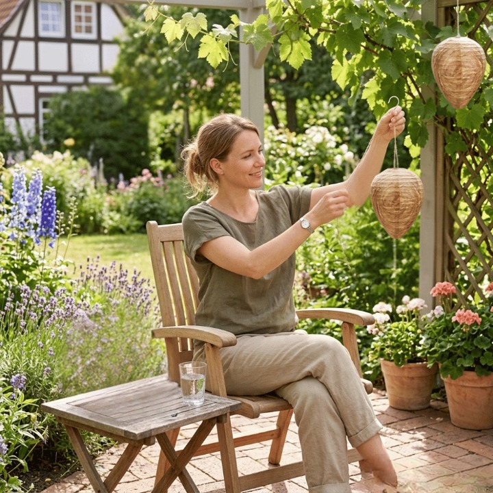Woman sitting in a garden holding a woven basket, surrounded by flowers and plants.