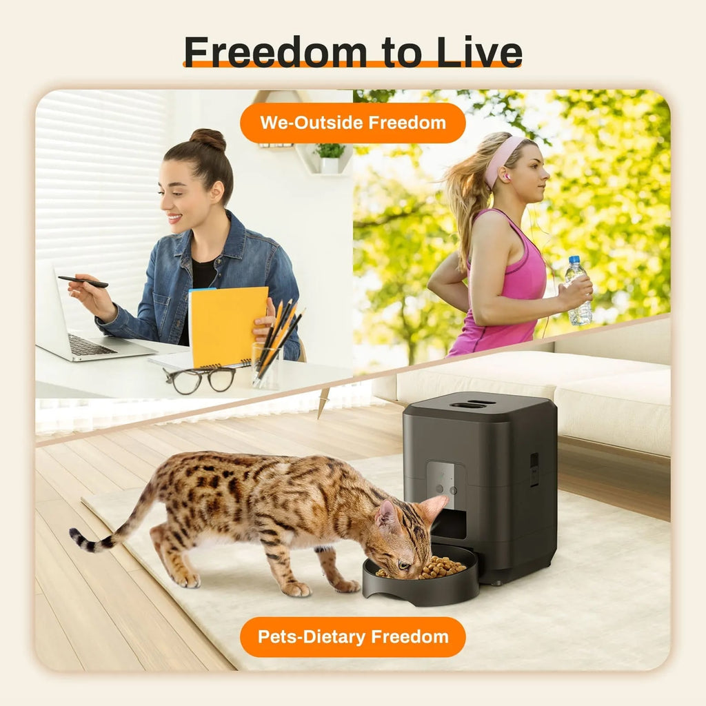 Collage of a woman working, a woman exercising, and a cat eating from a feeder with 'Freedom to Live' branding.