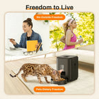 Collage of a woman working, a woman exercising, and a cat eating from a feeder with 'Freedom to Live' branding.