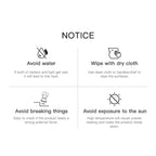 Notice card with care instructions for a product, including avoiding water, wiping with a dry cloth, avoiding breaking things, and avoiding exposure to the sun.