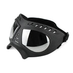 Black goggles with reflective lens on a white background