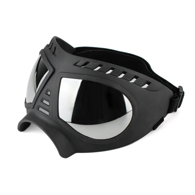 Black goggles with reflective lens on a white background