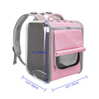 Pink pet carrier backpack with measurements on a white background