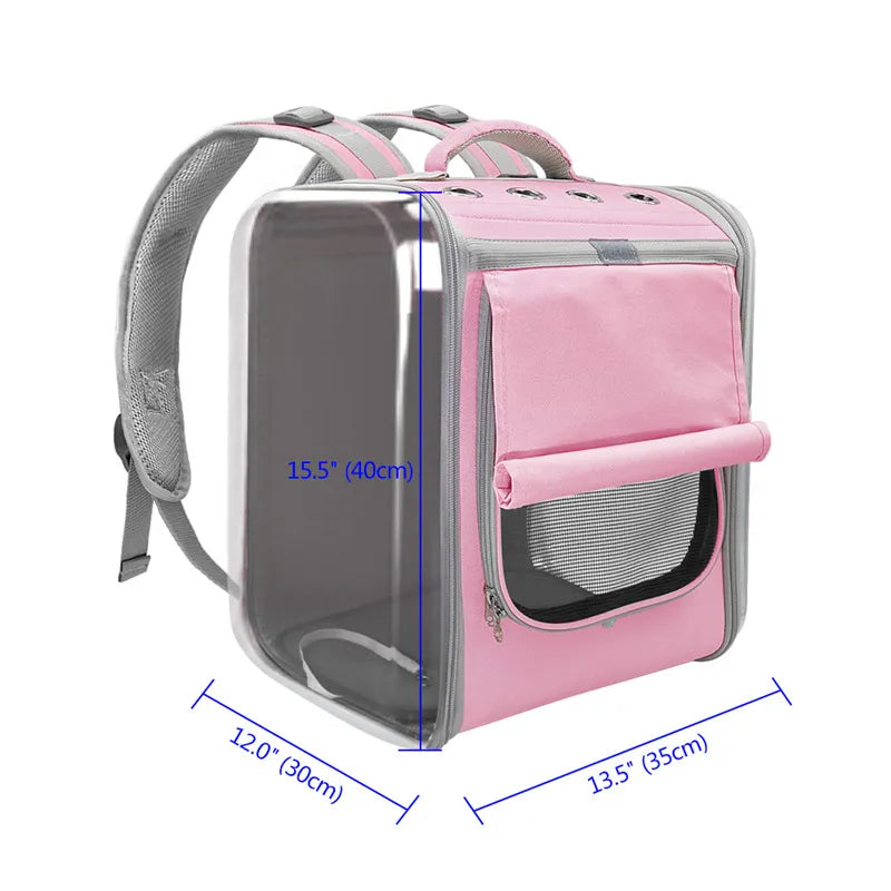 Pink pet carrier backpack with measurements on a white background