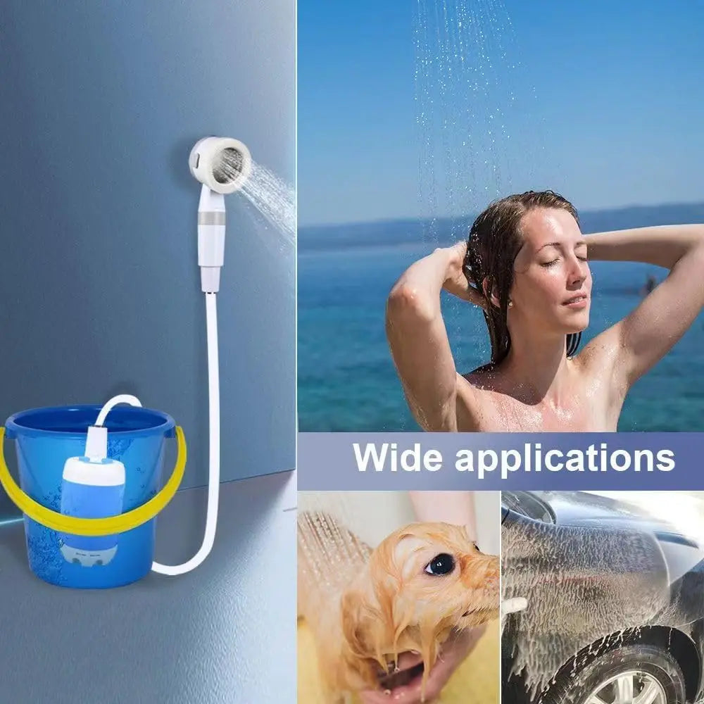Shower head with hose, woman showering, pet bathed, car washed with text 'Wide applications'.
