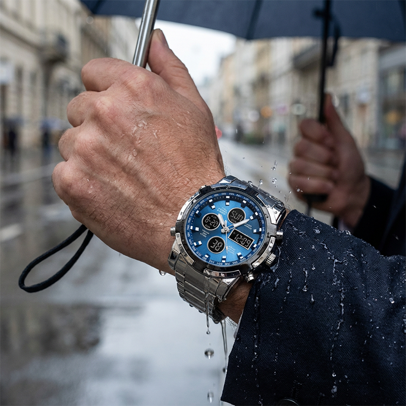 Person holding a blue umbrella with a watch on a rainy street