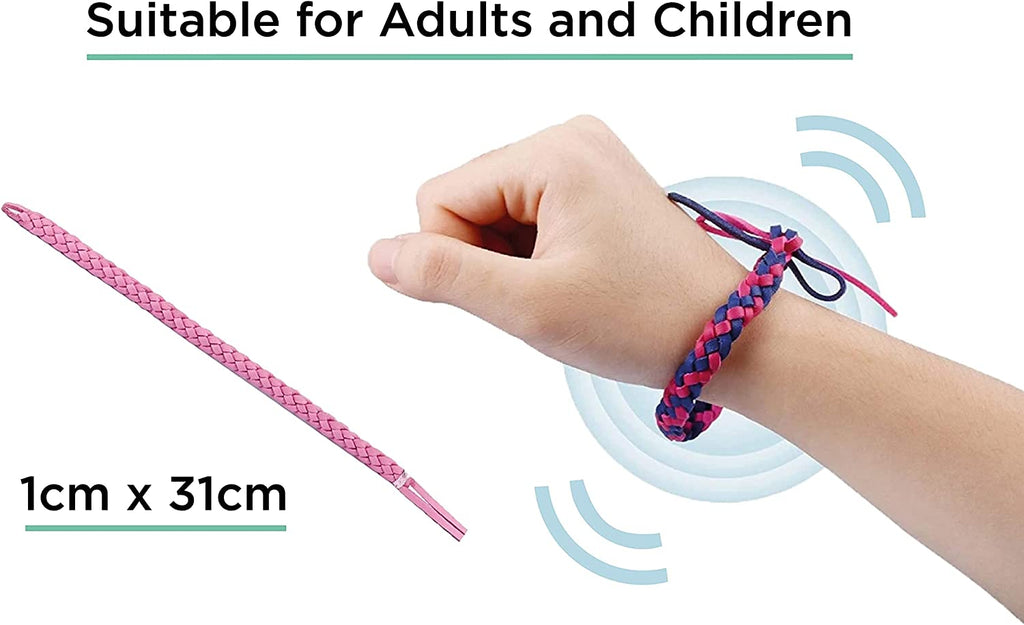 Hand wearing a pink braided bracelet with text indicating suitability for adults and children, and dimensions.
