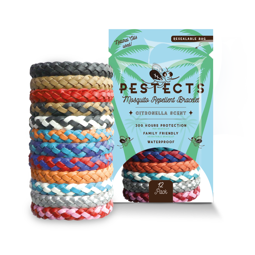 Stack of colorful braided bracelets with a Pestects packaging on a white background