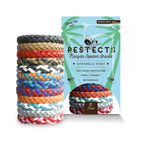 Stack of colorful braided bracelets with a Pestects packaging on a white background