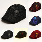 Collection of decorative caps with skull and floral designs on a white background