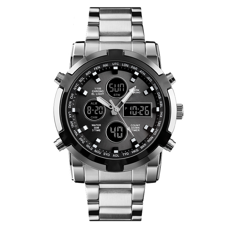 Silver wristwatch with black dial on a white background