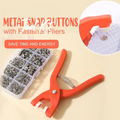 Red tool with metal snap buttons and fastener fliers on a beige background