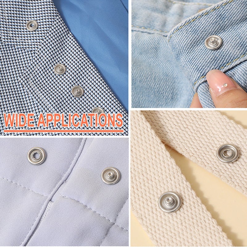 Collage of buttons on various fabric textures with 'WIDE APPLICATIONS' text.