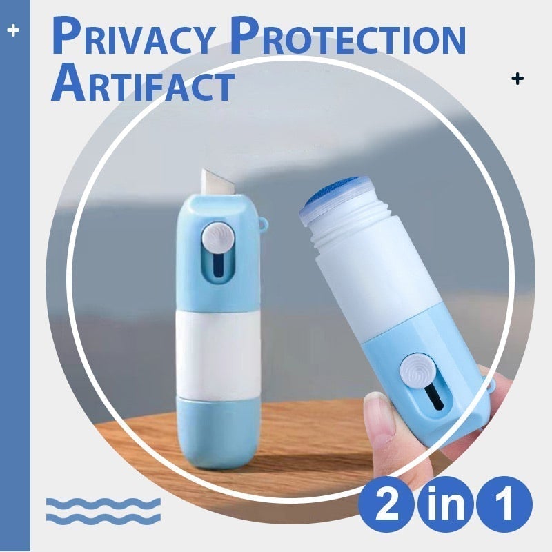 Two blue and white privacy protection devices on a wooden surface with text about privacy protection.