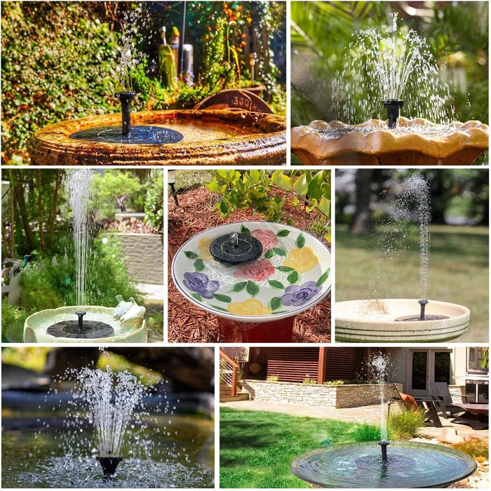 Collage of various garden fountains and water features.