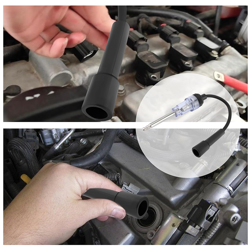 Car engine with a hand holding a black ignition cable, close-up of the cable, and a clear plastic container with a similar cable.