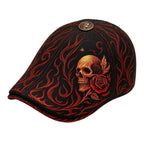 Black cap with red floral and skull design on a white background