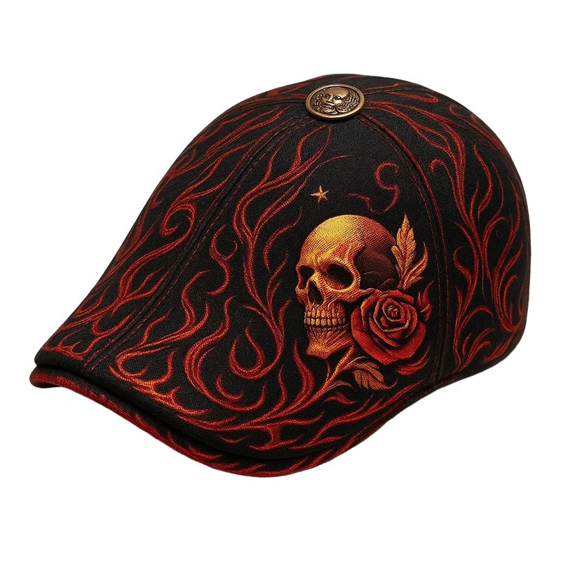 Black cap with red floral and skull design on a white background