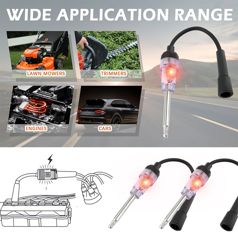 Lighting tool with various applications including lawn mowers, trimmers, engines, and cars on a road.