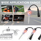 Lighting tool with various applications including lawn mowers, trimmers, engines, and cars on a road.