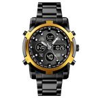 Black and gold digital wristwatch on a white background