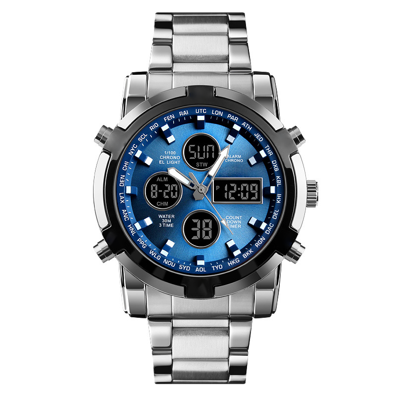 Silver wristwatch with a blue digital face on a white background