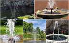 Collage of various fountains and water features with birds and people.