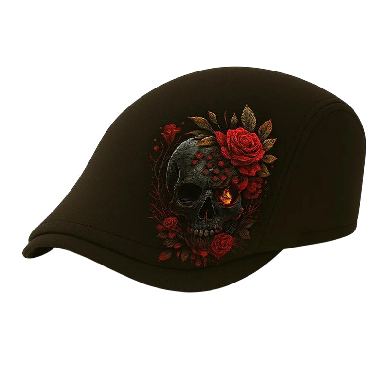 Men's Newsboy Cap with Skull Embroidery | Gothic Flat Cap with Rose & Cross