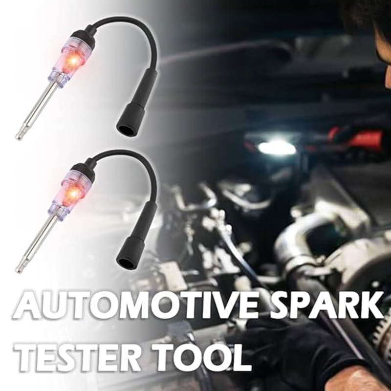 Automotive spark tester tool with a blurred background of a person working on a car engine.