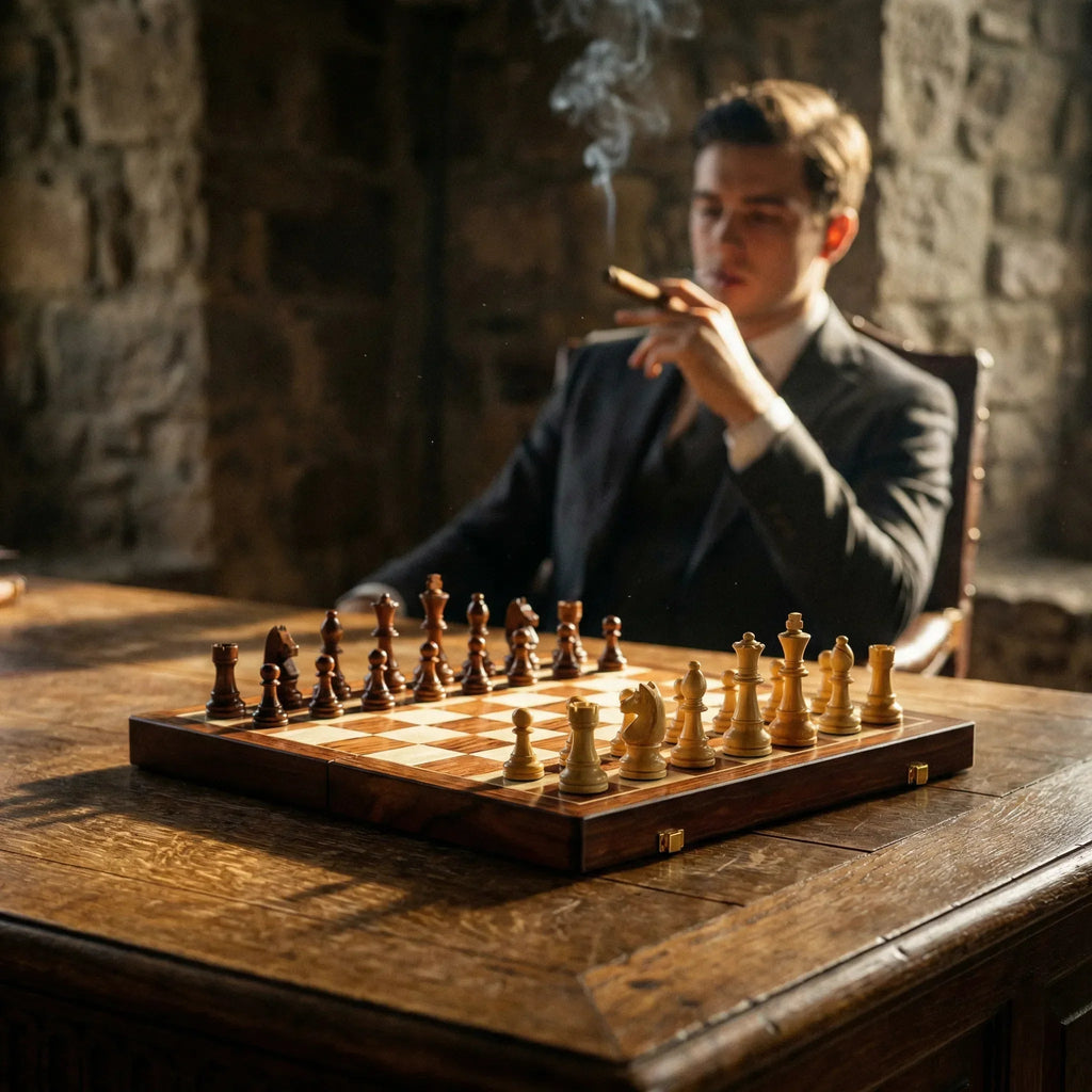 Man playing chess with a smoking cigarette, set against a stone wall background