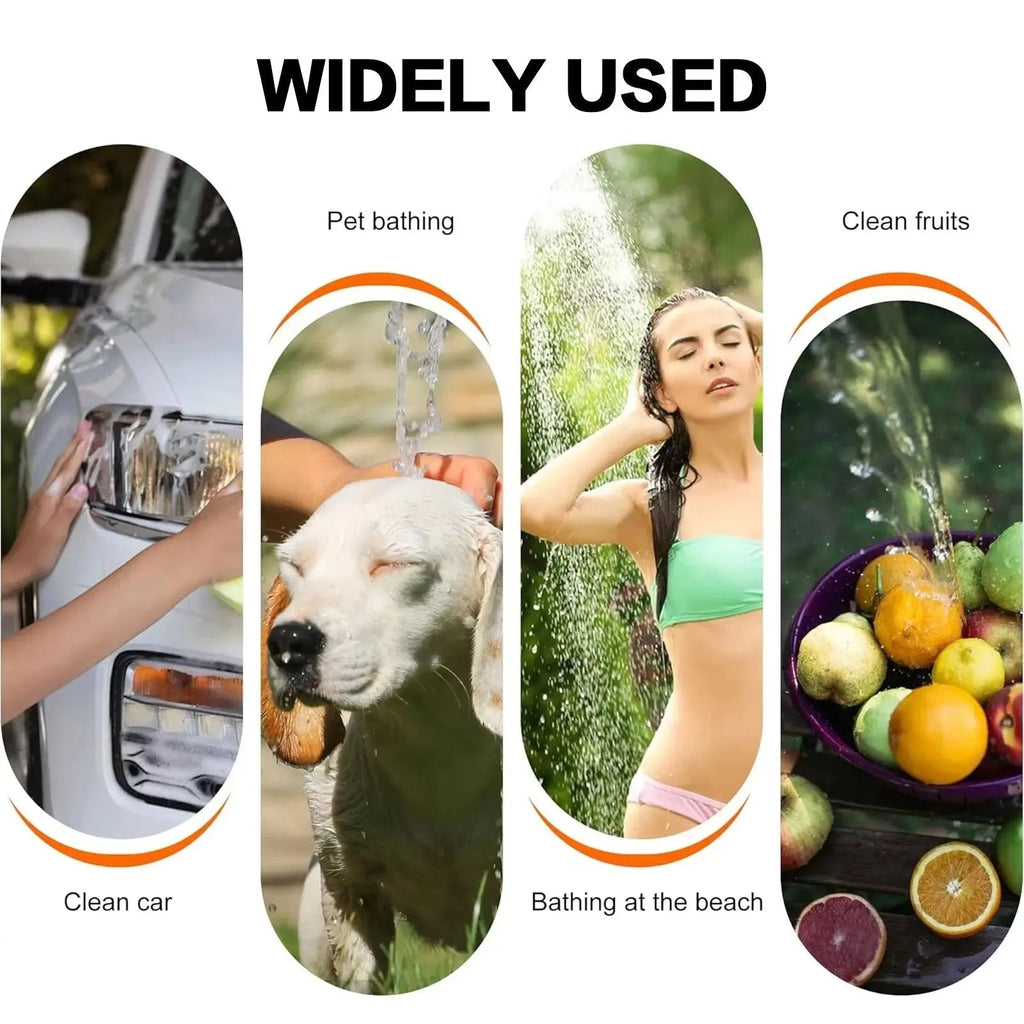 Images of people using a product for cleaning car, pet, and fruits with text 'Widely Used'.