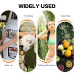 Images of people using a product for cleaning car, pet, and fruits with text 'Widely Used'.