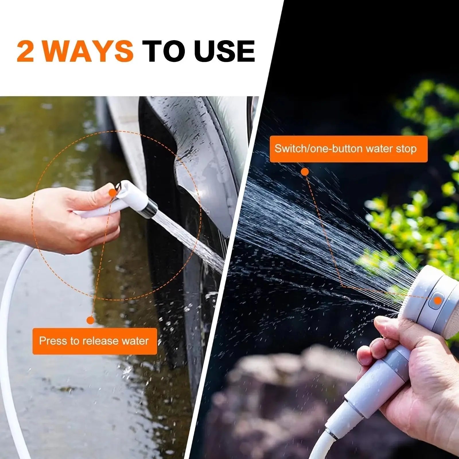 Two ways to use a water hose with text instructions on a split-screen background.