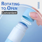 Hand opening a blue and white cylindrical container with text 'Rotating to Open' and 'Convenient'.
