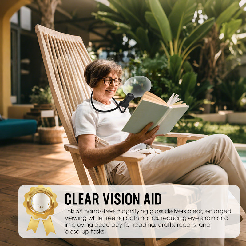 Person reading a book with a magnifying glass in a garden setting, promoting clear vision aid.