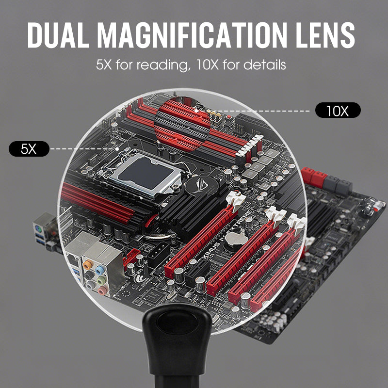 Microscope lens magnifying a computer motherboard with text indicating magnification levels.