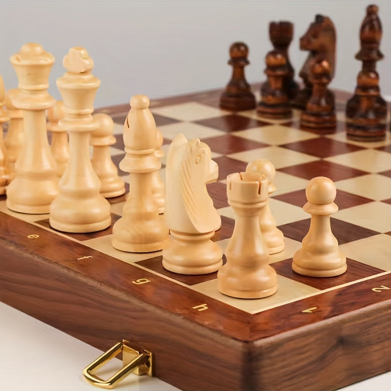 Wooden chessboard with chess pieces on a checkered surface