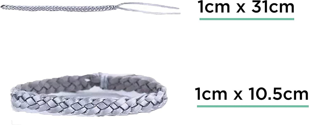Gray braided bracelet with measurements on a white background