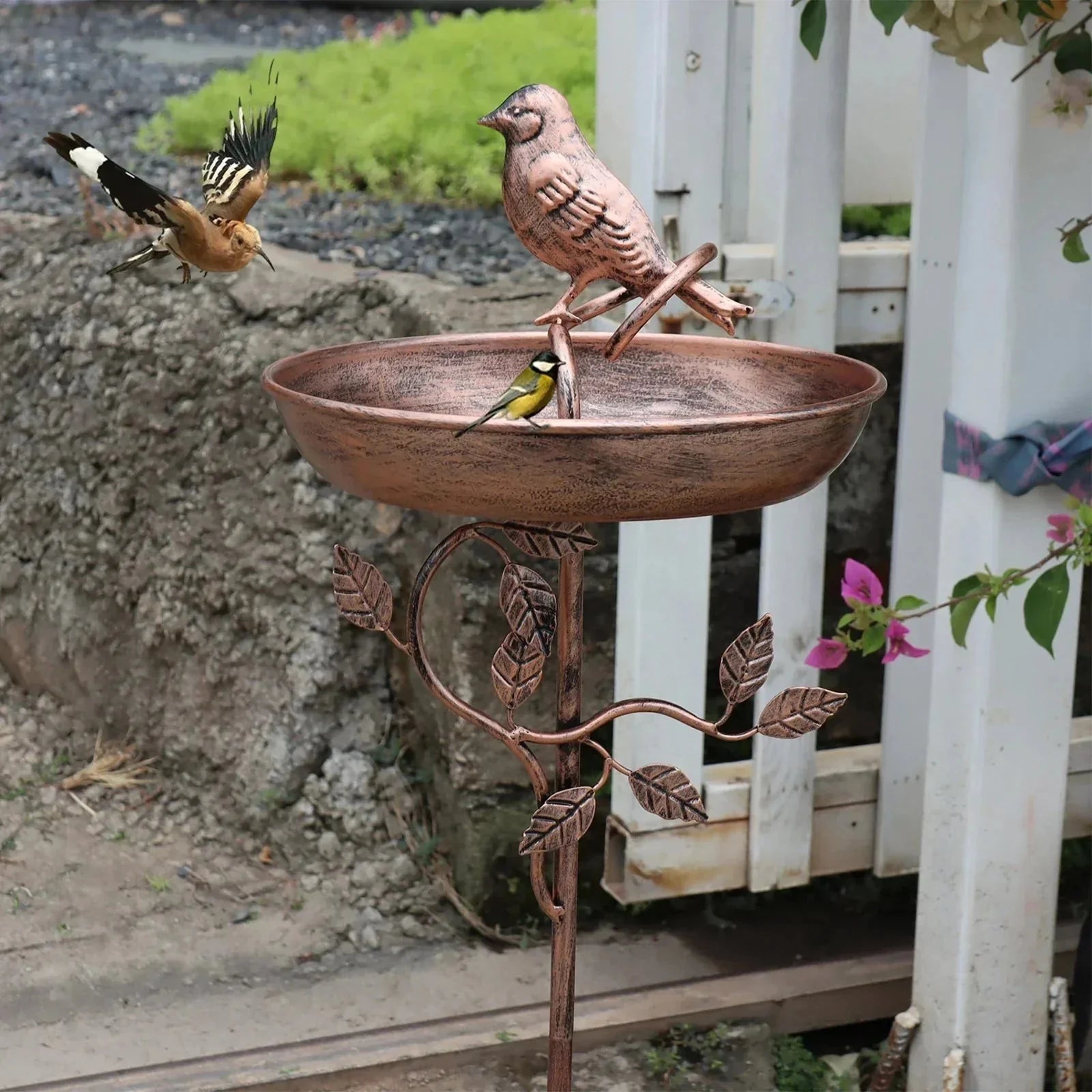 Decorative Birdbath with Pedestal | Metal Garden Bird Bath with Ground Spike